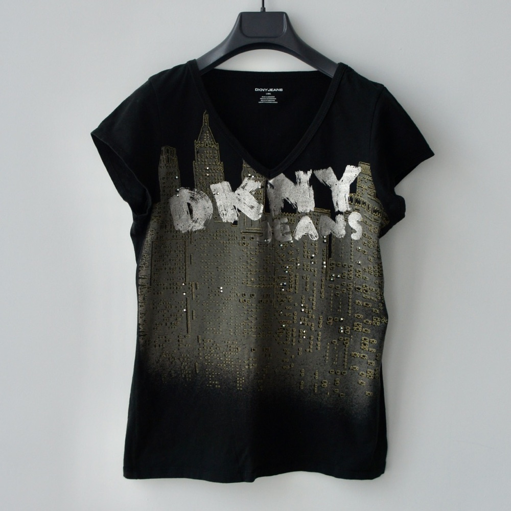 DKNY Black Short Sleeve Logo Tee with Gold City Print
